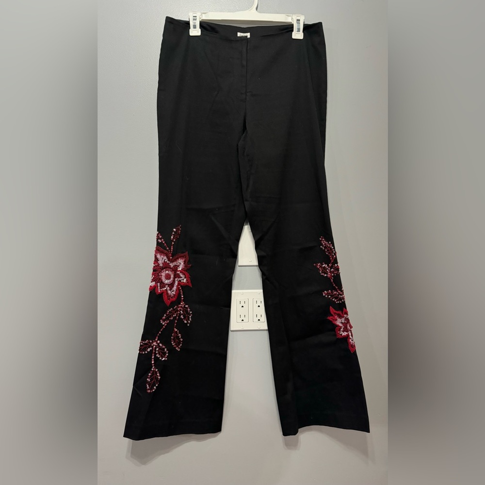 Cache Black Boot-Cut Pants with Red Floral Beadwork